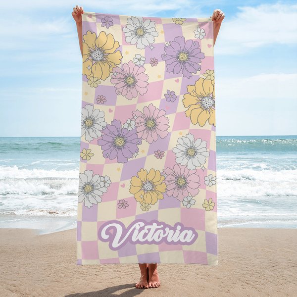 Serviette de Plage Personnalisée avec Nom Style de Fleur Séchage Rapide Cadeau Anniversaire Vacances d'Été Cadeau pour Femme