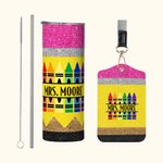 Personalized Faux Glitter Pencil Crayon Apple Name 20 oz Skinny Tumbler and Badge Holder Appreciation Back to School Gift for Teacher