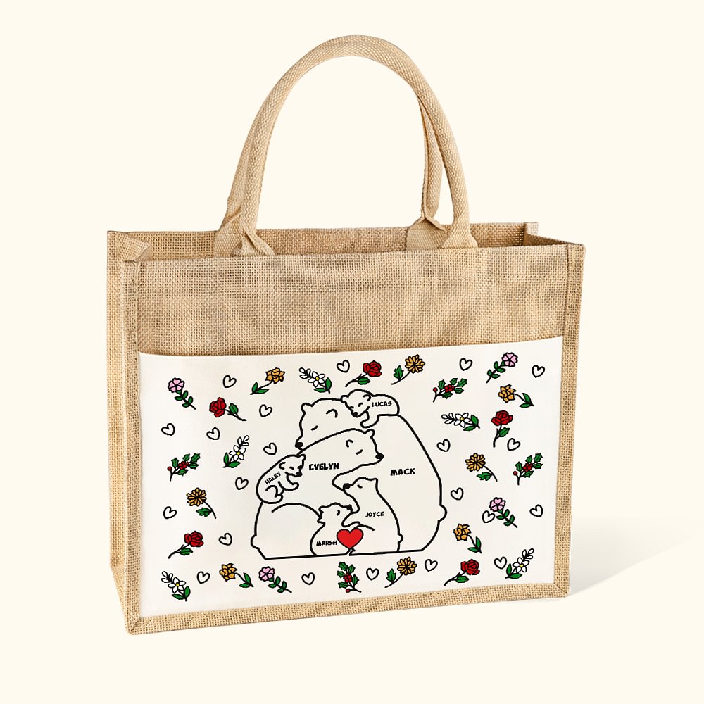 Sac en Jute Personnalisé avec 2-9 Ours Noms Fleurs de Naissance Sac à Pochette en Toile Cadeau Anniversaire Fête pour Femme