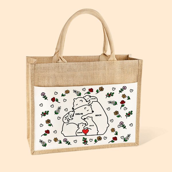 Personalizzato Carino Amore che abbraccia la famiglia Orso Borsa di iuta con nome Fiore di nascita e tasca in tela Regalo di compleanno per la festa d