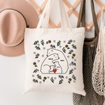 Personalized Love Hugging Bear Family Canvas Tote Bag with Birth Flower and 2-9 Names Birthday Anniversary Mother's Day Gift for Her