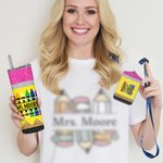 Personalized Faux Glitter Pencil Crayon Apple Name 20 oz Skinny Tumbler and Badge Holder Appreciation Back to School Gift for Teacher