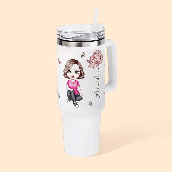 Personalisierter Cartoon-Figur Tumbler Becher mit Namen Geburtsblume Strohhalm Geburtstag Geschenk für Damen Mädchen