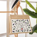 Personalized Cute Love Hugging Family Bear Jute Tote Bag with Name Birth Flower and Canvas Pocket Birthday Mother's Day Gift for Her