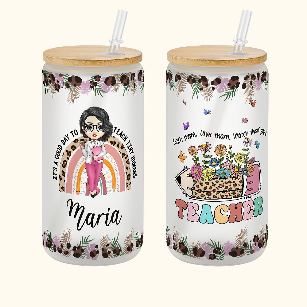 Verre-Canette à Boire 591ml Personnalisé Nom et Personnage avec Couvercle en Bambou et Paille Cadeau d'Anniversaire Retour à l'École pour Enseignant