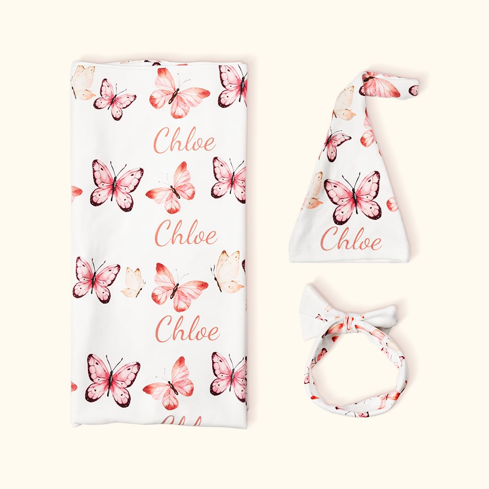 Lange à Chapeau ou Bandeau avec Nom Personnalisé Lange à Papillons Roses pour Bébé Fille Cadeau de Naissance