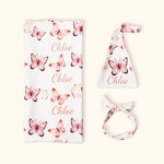 Personalised Baby Girl Pink Butterfly Receiving Blanket Swaddle Hat Bow Headband Coming Home Outfit with Name Baby Shower Gift for Newborns