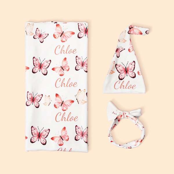 Baby Girl Pink Butterfly Swaddle Set Embroidered Butterflies