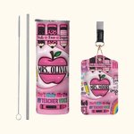 Personalisierte rosa Apple Pencil Food-Grade 20oz Skinny Tumbler und ID Badge Holder mit Namen Wertschätzung zurück zu Schule Geschenk für Lehrer