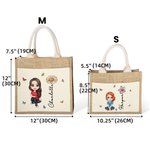Personalised Cute Cartoon Character Jute Lunch Tote Bag with Name Birth Flower and Canvas Pocket Back to School Beach Party Gift for Family Friend