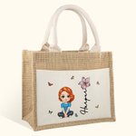 Personalised Cute Cartoon Character Jute Lunch Tote Bag with Name Birth Flower and Canvas Pocket Back to School Beach Party Gift for Family Friend