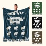 Personalized Mountains Forest Papa Bear Fleece Blanket with 1-12 Baby Bears and Names Father's Day Birthday Gift for Dad Grandpa