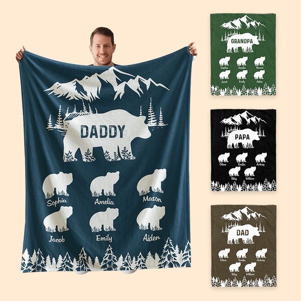 Personalized Mountains Forest Papa Bear Fleece Blanket with 1-12 Baby Bears and Names Father's Day Birthday Gift for Dad Grandpa