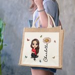 Personalised Cute Cartoon Character Jute Lunch Tote Bag with Name Birth Flower and Canvas Pocket Back to School Beach Party Gift for Family Friend