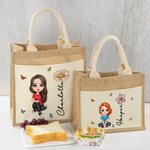 Personalised Cute Cartoon Character Jute Lunch Tote Bag with Name Birth Flower and Canvas Pocket Back to School Beach Party Gift for Family Friend