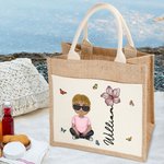 Personalised Cute Cartoon Character Jute Lunch Tote Bag with Name Birth Flower and Canvas Pocket Back to School Beach Party Gift for Family Friend