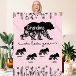 Personalized Floral Mama Bear Fleece Blanket with 1-10 Baby Bears and Names Mother's Day Birthday Gift for Mom Grandma