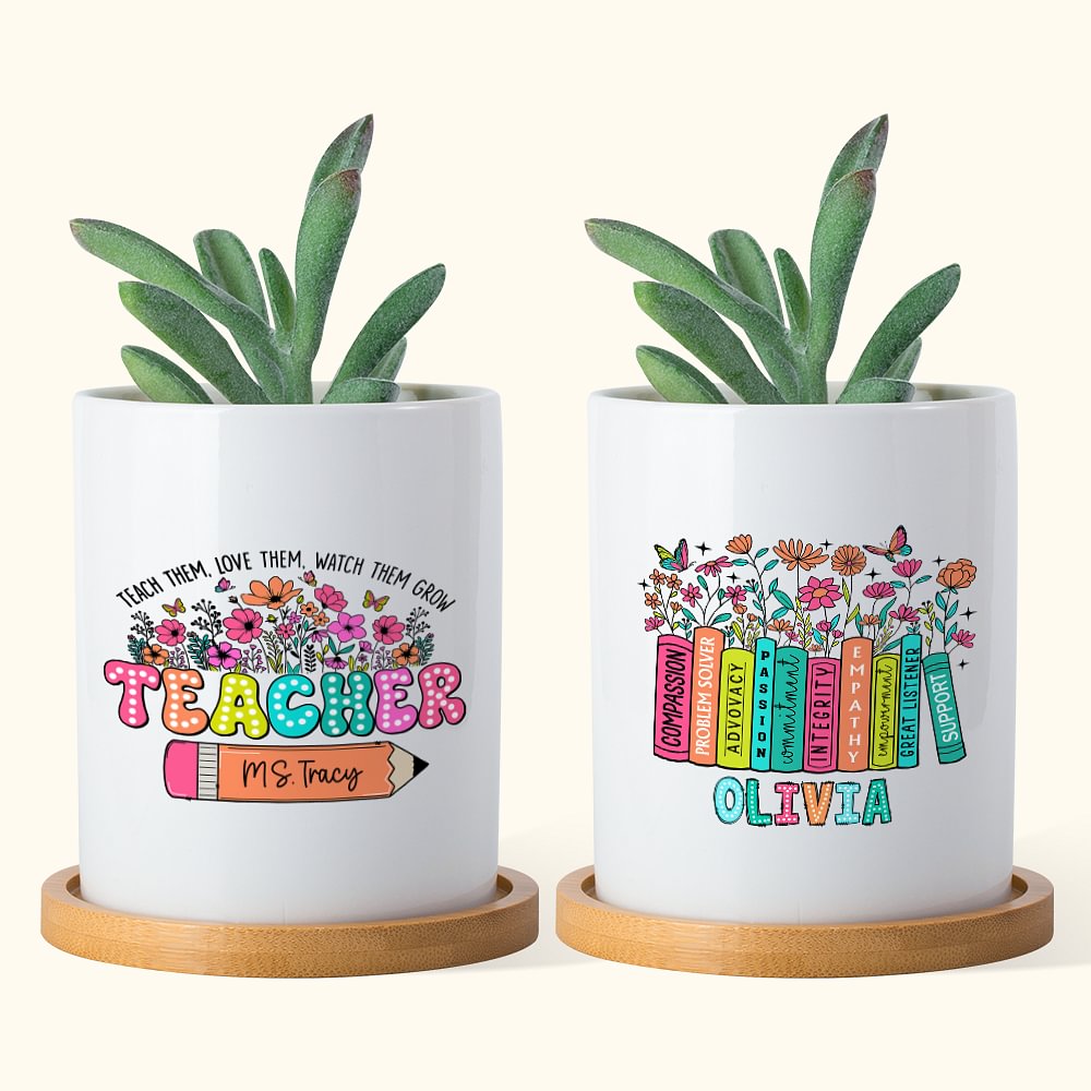 Pot de Fleurs en Céramique Personnalisé avec Nom Style Livre Crayon Fleurs Cadeau de Remerciement Rentrée Scolaire pour Enseignant