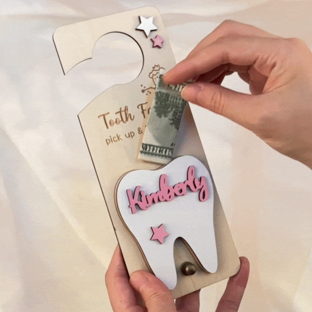Personalized Wooden Engraving Tooth Fairy Star Name Door Hanger with Money Slot and Velvet Pouch Encourage Birthday Gift for Kids