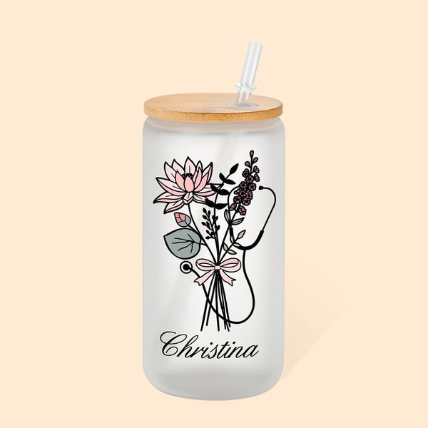 Personalisierte Stethoskop Geburt Blume Bogen 20oz Name mattiertes Glas Becher mit Bambusdeckel und Stroh Wertschätzung Graduierung Geschenk für Krank