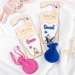 Personalized Wooden Engraving Tooth Fairy Star Name Door Hanger with Money Slot and Velvet Pouch Encourage Birthday Gift for Kids