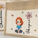 Personalised Cute Cartoon Character Jute Lunch Tote Bag with Name Birth Flower and Canvas Pocket Back to School Beach Party Gift for Family Friend