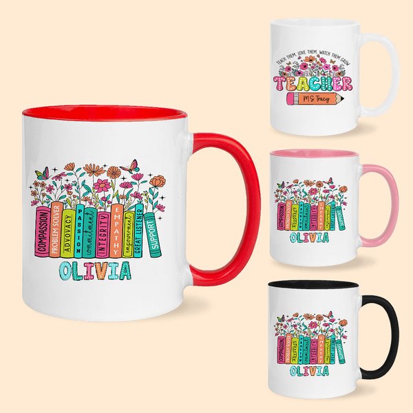 Floral Book Pencil Teacher Coffee Mug Teach Love Grow