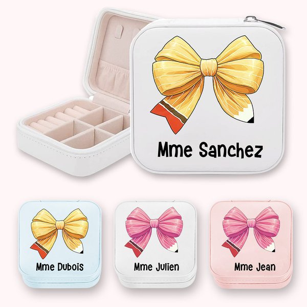 Boîte à Bijoux en Cuir Personnalisée avec Prénom Style Nœud Papillon à Crayon Cadeau de Remerciement Retour à l'École pour Enseignant