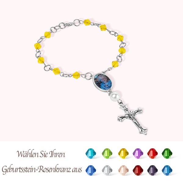 Personalisiertes Foto und Bicone Geburtsstein Rosenkranz Armband mit Kreuz Auto Rückspiegel-Anhänger Religion Denkmal für Familie Freunden