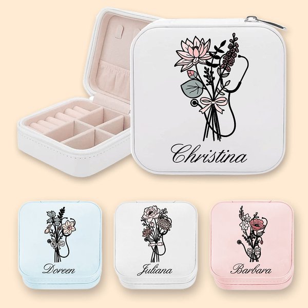 Personalisierte Stethoskop Geburt Blume Blumenstrauß Bogen Leder Reise-Schmuck-Etui mit Namen Krankenschwester Woche Anerkennung Geschenk für Krankens