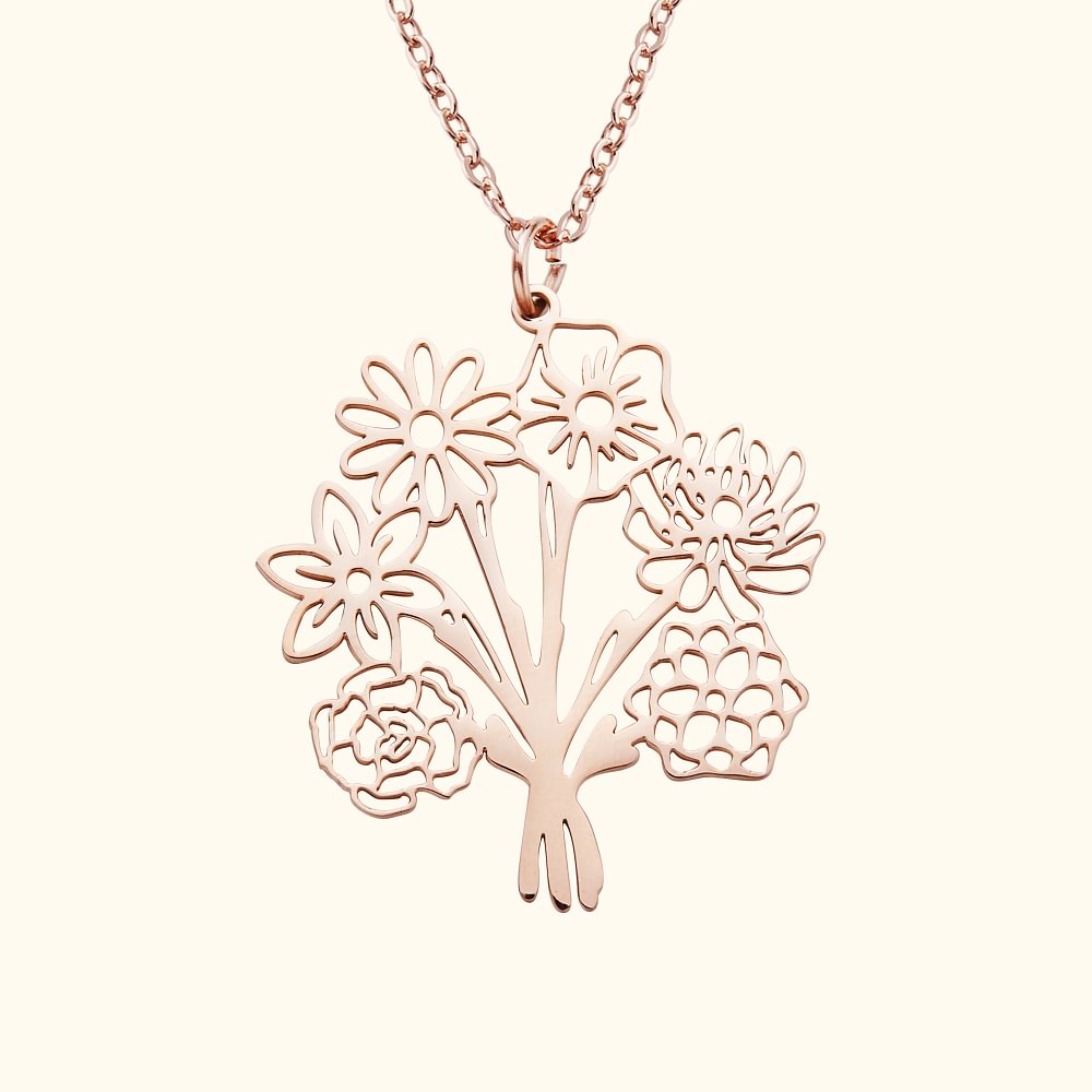 Collier Bouquet avec 1-6 Fleurs de Naissance Personnalisées Pendentif Évidé Cadeau Anniversaire pour Femme