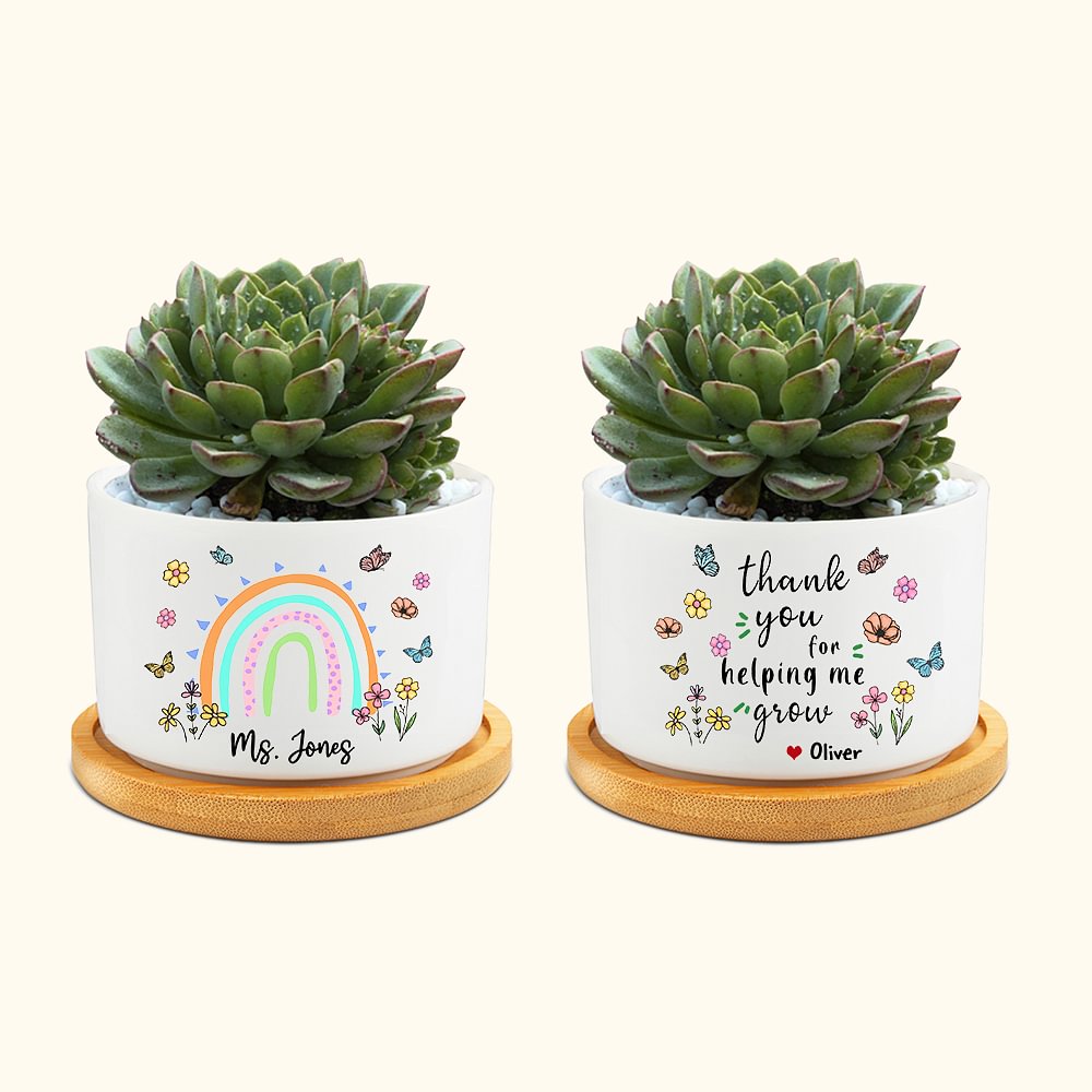 Pot à plantes en céramique personnalisé avec base en bambou et nom Cadeau d'appréciation pour enseignant