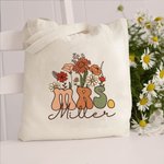 Personalized Retro Wildflowers MRS. Canvas Tote Bag with Name Teacher Appreciation Bridal Shower Wedding Gift for Women