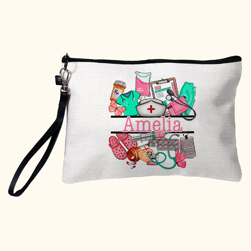 Trousse de Maquillage en Lin Personnalisée avec Nom Éléments Médicaux Cadeau de Fin d'Études pour Infirmière Personnel Médical Étudiant en Médicine