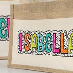 Personalisierte Dalmatiner Dots Jute Tasche mit Tasche und bunten Namen wiederverwendbar Tote Bag zurück zu Schule Hochzeit Strand Geschenk für Frauen