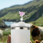 Personalized Cute Multicolour Cow Print Head Reusable Silicone Straw Topper with Name Accessory for Stanley Cup Birthday Gift for Cow Lovers