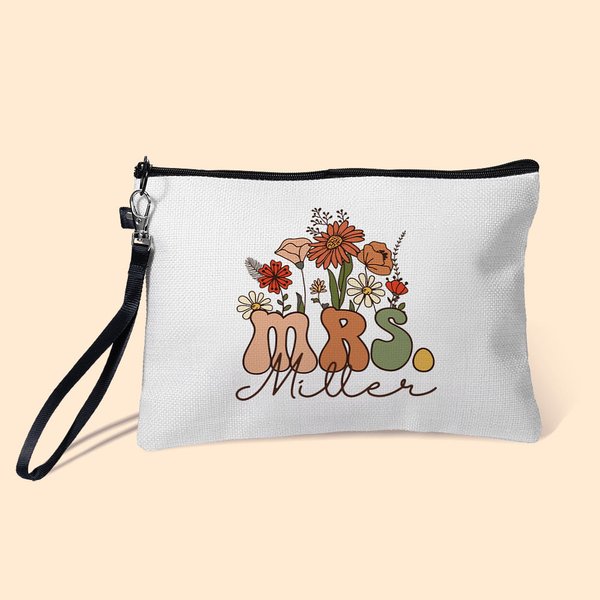 Personalizado Retro Flores Silvestres MRS. Bolsa de Maquillaje Regalo de Cumpleaños de Vuelta al Cole para Mujeres