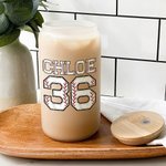 Personalized Baseball Number Name Drinking Glasses with Bamboo Lids and Glass Straw Birthday Gift for Sports Lover