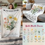 Personalised Love Grows Here Birth Flower Bouquet Soft Fleece Blanket with Name Birthday Anniversary Gift for Family