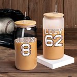 Personalized Baseball Number Name Drinking Glasses with Bamboo Lids and Glass Straw Birthday Gift for Sports Lover