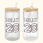 Personalized Baseball Number Name Drinking Glasses with Bamboo Lids and Glass Straw Birthday Gift for Sports Lover