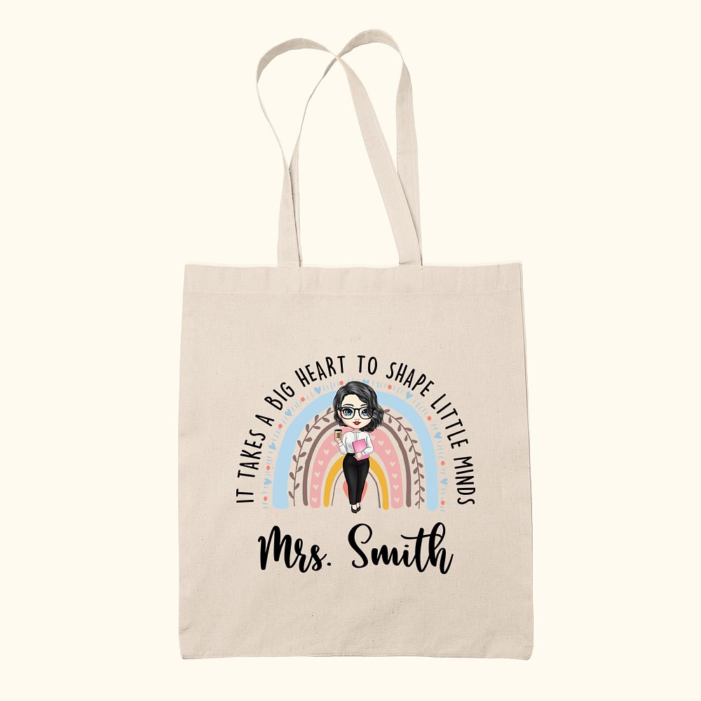 Sac à Main en Toile Personnalisé avec Nom et Personnage Motif Arc-en-ciel Cadeau de Rentrée pour l'Enseignant