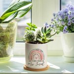 Personalised Lucky To Have A Teacher Like You Rainbow Ceramic Plant Pot with Bamboo Base and Name Appreciation Birthday Gift for Teacher
