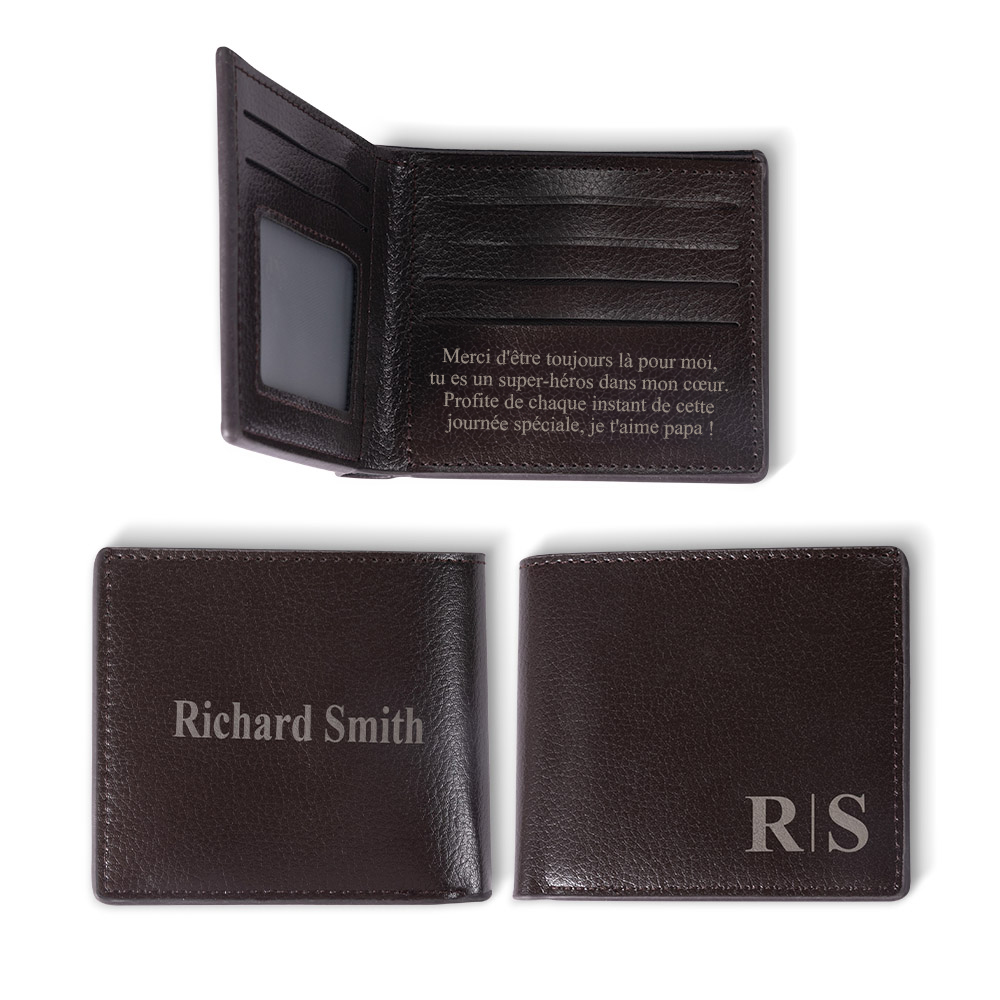 Portefeuille en Cuir pour Homme Personnalisé avec Initiale Nom Texte Gravé Cadeau Anniversaire Fête des Pères