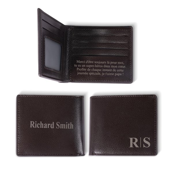 Portefeuille en Cuir pour Homme Personnalisé avec Initiale Nom Texte Gravé Cadeau Anniversaire Fête des Pères