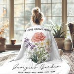 Personalised Love Grows Here Birth Flower Bouquet Soft Fleece Blanket with Name Birthday Anniversary Gift for Family