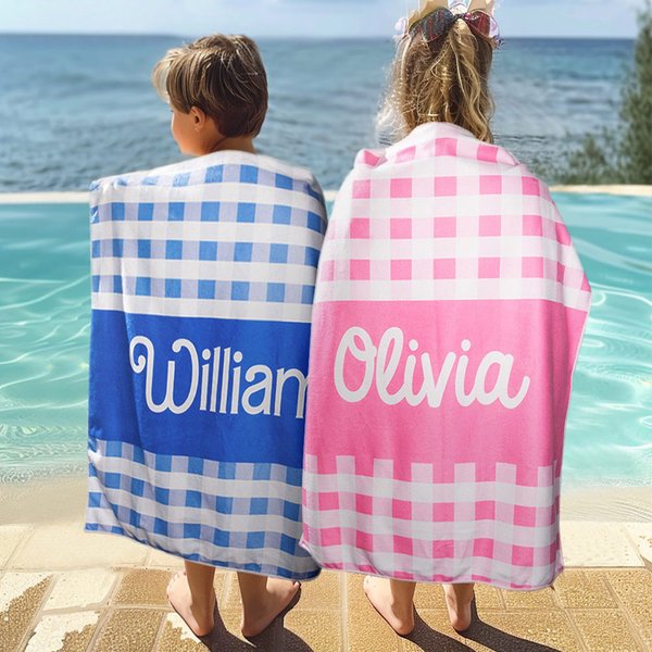 Oversized Microfiber Quick Dry Gingham Beach Towel with Name Embroidery