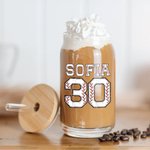 Personalized Baseball Number Name Drinking Glasses with Bamboo Lids and Glass Straw Birthday Gift for Sports Lover