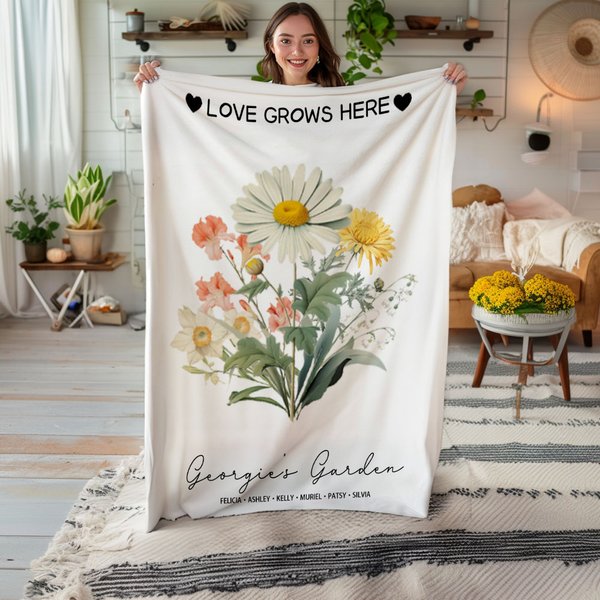 Personalized Love Grows Here Birth Flower Bouquet Soft Fleece Blanket with Name Birthday Anniversary Gift for Family