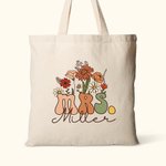 Personalized Retro Wildflowers MRS. Canvas Tote Bag with Name Teacher Appreciation Bridal Shower Wedding Gift for Women